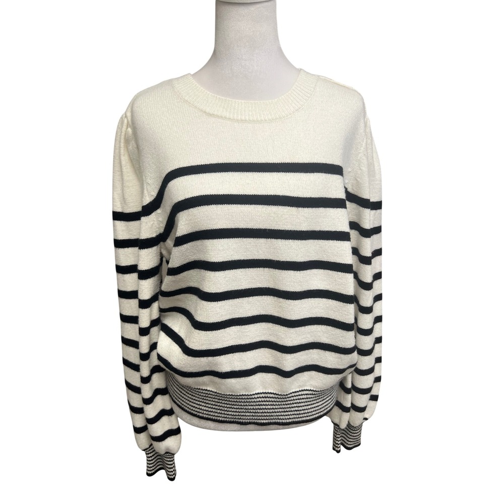 Draper James RSVP Sweater Womens XL White Black Striped Puff Sleeve Gold Button